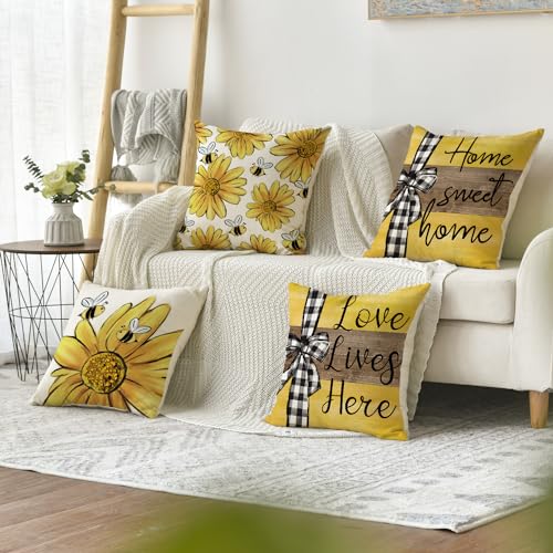 AVOIN colorlife Home Sweet Home Bee Sunflower Throw Pillow Covers, 18 x 18 Inch Love Lives Here Spring Summer Stripes Cush...