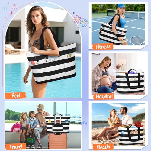 BKNOOU Extra Large Beach Bags Waterproof Sandproof XL Beach Tote Bag for Women Zipper Foldable Swim Pool Bag with Wet Pocket