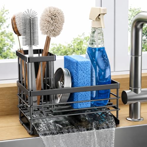Cisily Sink Caddy Sponge Holder for Kitchen with Brush Holder and Stainless Steel Self Drain Tray, Rustproof Kitchen Sink ...
