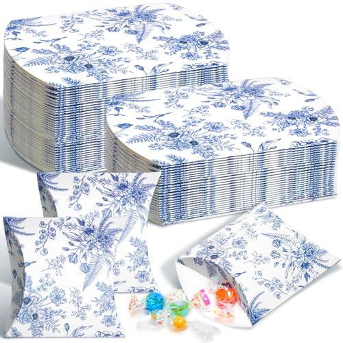 Moinchore 100 Pcs Blue Floral Pillow Boxes Kraft Paper Pillow Gift Boxes Candy Wedding Party Favors Blue Floral Candy Deco...