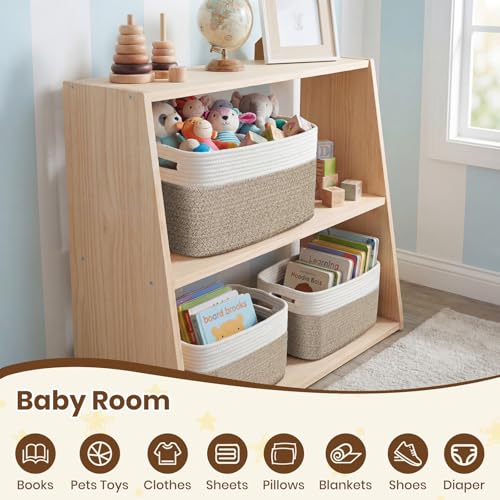 Storage Baskets for Organizing, 14 x 10 x 9” Closet Shelf Woven Baskets, Square Bins with Handles, Cotton Rope Basket for ...