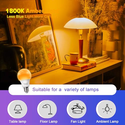 DALUXshop Amber Sleep Light Bulbs, Blue Light Blocking, A19 9W(60 Watt Equivalent) Dim Light Bulbs for Lamp, 1800K Warm Li...