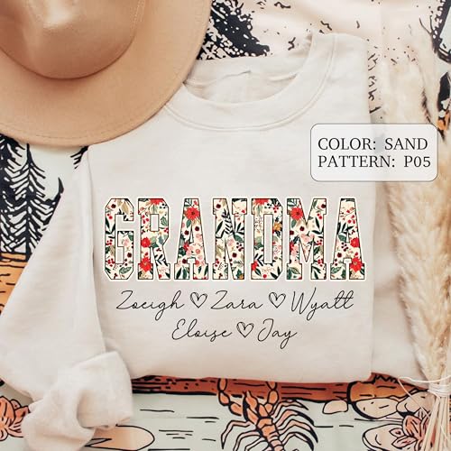 NAZENTI Personalized Floral Mama Grandma Shirt with Kids Name, Custom Gifts for Mom Grandma, Mother’s Day Shirt for Women