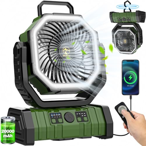20000mAh Rechargeable Camping Fan, Auto-Oscillating Portable Fan for Camping with Remote & LED Lantern, 4 Speeds Battery P...