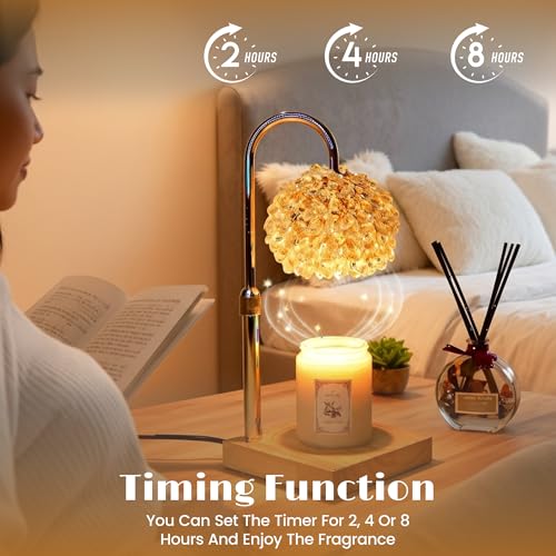 Glass Candle Warmer Lamp with Timer - Adjustable Height Candle Lamp Warmer with Crystal Shade, Timer (8H/4H/2H) - Wax Melt...