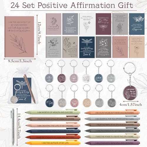 Mooliwe 72 Pcs/24 Set Positive Affirmation Gift Set Gratitude Notebooks with Pens Acrylic Keychains Small Bags Motivationa...