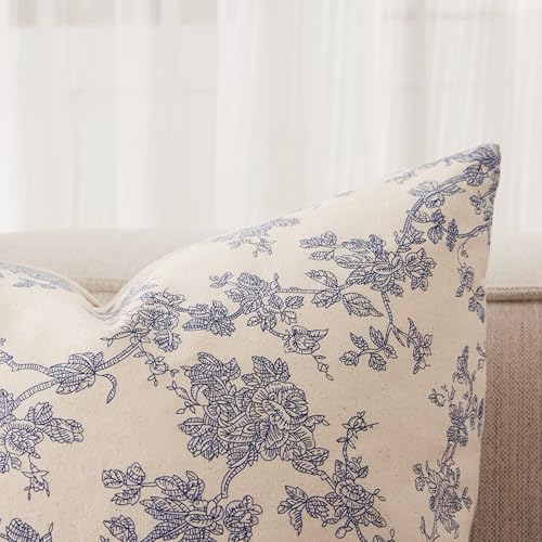 YZJZEDS 100% Cotton French Pastoral Throw Pillow Covers Set of 2, 20x20 Inch Blue Farmhouse Decorative Cushion Covers for ...