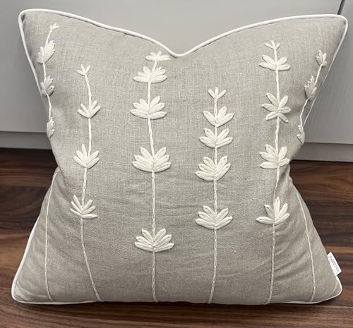 VAGMINE Hand Embroidered Linen Throw Pillow Cover 18x18 – Natural Square Decorative Accent Cushion for Sofa, Bed & Couch –...