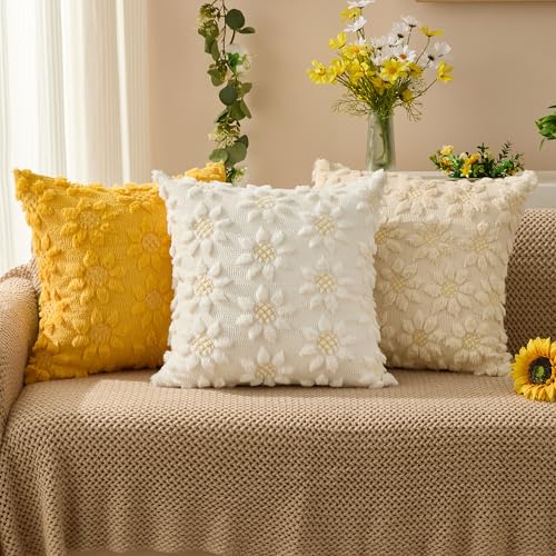 DFXSZ Spring Summer Pillow Covers 18x18 inch Set of 2 Farmhouse Decor Yellow Color Flower Heart Sunflower Soft Plush Faux ...