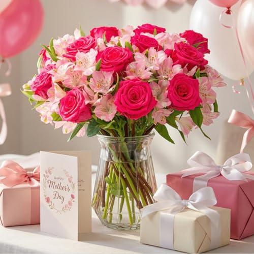 Benchmark Bouquets - Charming Roses & Alstroemeria (Glass Vase Included) - Fresh Flowers for Delivery - Gift for Graduatio...
