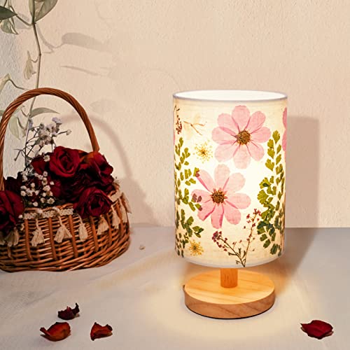 Floresita Dried Flowers Small Table Lamp 5W LED 3-Color Bedside Lamp Pressed Flowers Lampshade with Wood Base for Bedroom ...