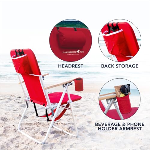 CARIBBEAN JOE Folding Beach Chair, 4 Position Portable Backpack Foldable Camping Chair with Headrest, Cup Holder, and Wood...