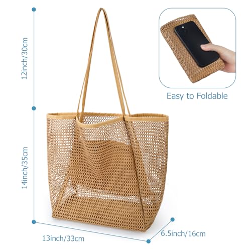 Iioscre Beach Bag for Women, Causal Hobo Pool Bags with Zipper Inner Pocket, Foldable Swim Tote Bag for Vacation Essentials