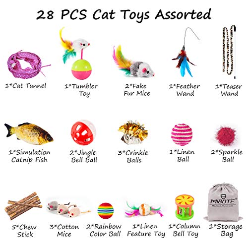 MIBOTE 28Pcs Cat Toys Kitten Toys Assorted, Cat Tunnel Catnip Fish Feather Teaser Wand Fish Fluffy Mouse Mice Balls and Be...