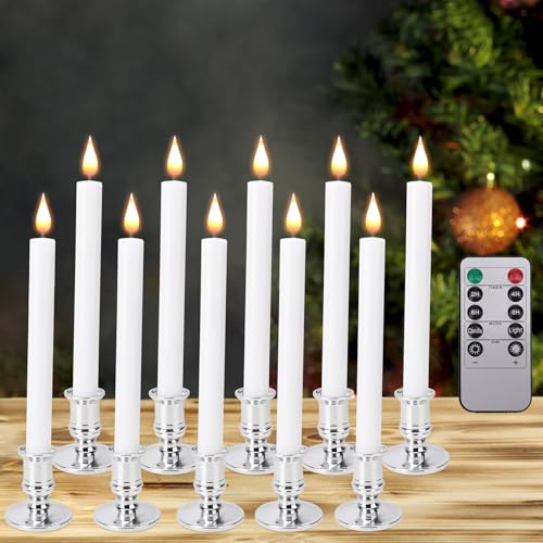 POQCCT LED Flameless Window Candles with Remote Timer 10 PCS Battery Operated Flickering Taper Candle Lights with Removabl...