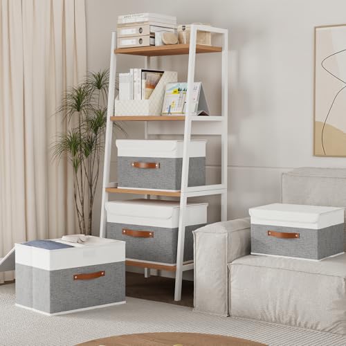 Yawinhe Storage Boxes with Lids, Linen Fabric Bin, Cube Organizer Basket, Washable and Leather Handle, for Home, Closet, W...