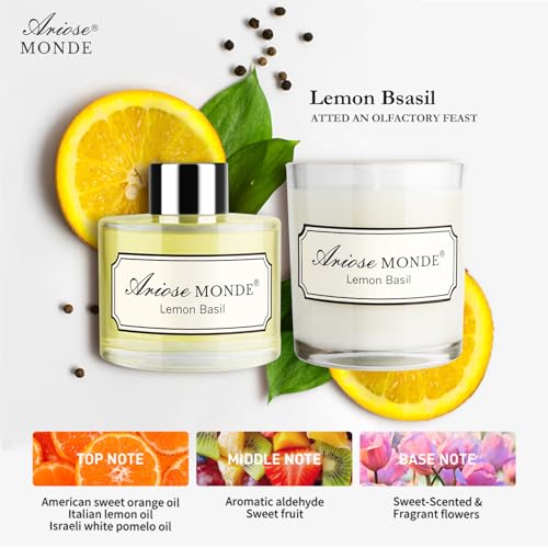 Reed Diffuser & Scented Candle Gift Set, Lemon Basil Oil Diffuser Sticks, Fragrance Diffuser & Soy Wax Candles in Glass Ja...