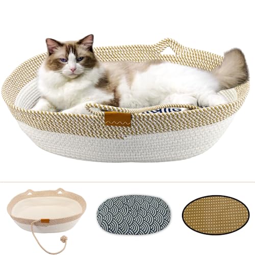 Pet Beds for Cats, Cat Beds for Indoor Cats 19.69"×13.78"×6.30",Cotton Rope Oval Cat Bed for All Seasons (with Cooler Stra...