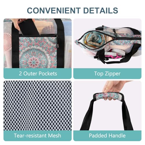 ASL Mesh Beach Bag with Cooler Compartment for Women, 2-in-1 Print Travel Tote 30L with Zipper and Pockets, Pool Picnic