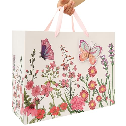 Qirrmiy 16.5” Extra Large 3D Butterfly Gift Bag Set with Handles, Greeting Card, Pink Tissue Papers and Stickers for Women...