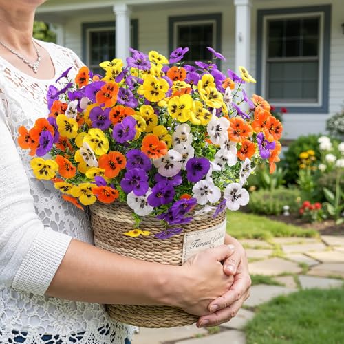 Alupssuc 48 Bundles Artificial Flowers for Outdoors, Fake Spring Flowers for Decoration, UV Resistant Realistic Pansies wi...