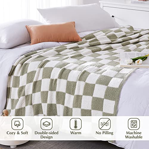 WRENSONGE Checkered Throw Blanket, Sage Green Soft Cozy Fluffy Hand Made Throw Blankets for Couch, Sofa, Chair, Bed, Campi...