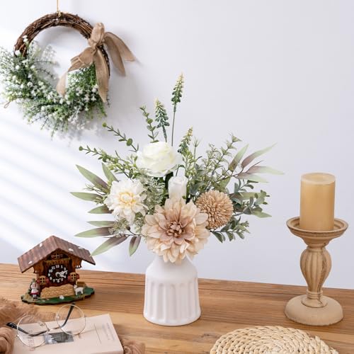 Fake Flowers in Vase, Artificial Flowers with Vase, 15.7'' Floral Arrangements for Dining Table Centerpiece Decor, Silk Ro...