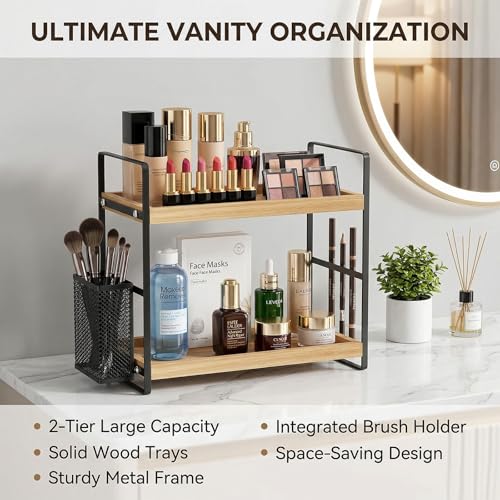 LEMIKKLE 2-Tier Wood Bathroom Counter Organizer with Basket,Waterproof Vanity Perfume Skincare Storage for Bathroom, Kitch...