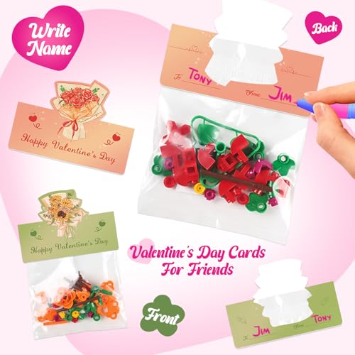 Valentines Day Gifts for Kids - 24 Pack Prepacked Valentine's Day Cards with Flower Building Blocks Crafts for School Clas...