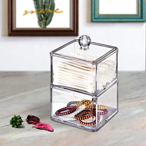 SheeChung 2-Pack Modern Square Acrylic Qtip Holder - Clear Apothecary Jars with Lids - Bathroom Vanity Storage Canister - ...