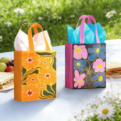 10" Floral Reusable Gift Bags Medium Size with Tissue Paper, 6 Pack Non-Woven Wrap Paper Gift Bags with Handles for Birthd...