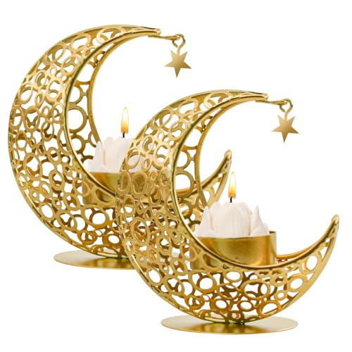 MrMrKura Moon Candle Holders Set of 2, Metal Tealight Candle Holder for Table Centerpiece Decorative Votive Candlesticks H...