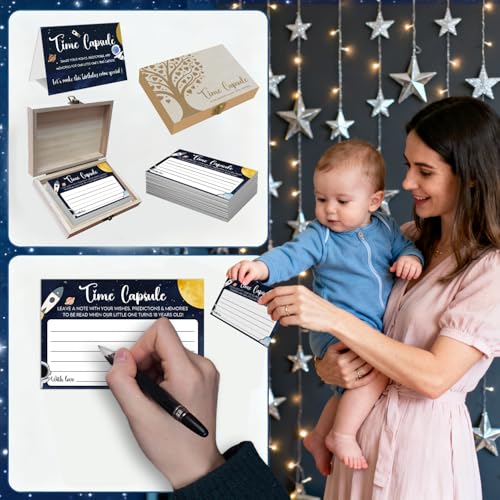 EMNAPH Time Capsule Box for 1st Birthday - Baby's First Birthday Keepsake Kit with 50 Pcs Space Party Games Cards, Child-S...