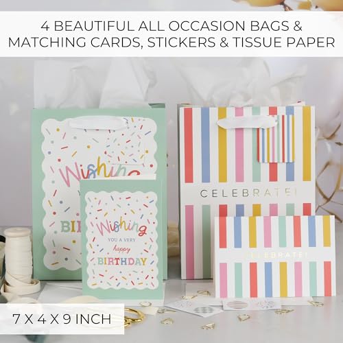 Beautiful Gift Bags Set of 4 - Medium Sized 9" Bags with Handles incl. Matching Tissue Paper, Cards & Small Stickers - Reu...