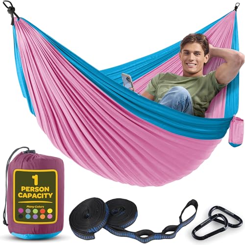 Durable Hammock 400 lb Capacity, Nylon Camping Hammock Chair - Double or Single Sizes w/Tree Straps and Attached Carry Bag...