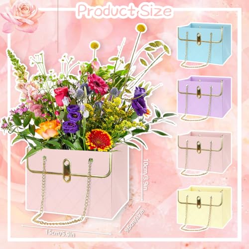 Florist Bouquet Paper Gift Box,4 Pack Folding Bouquet Flower Wrapping Boxes with Metal Chain Handle Basket Packaging Handb...