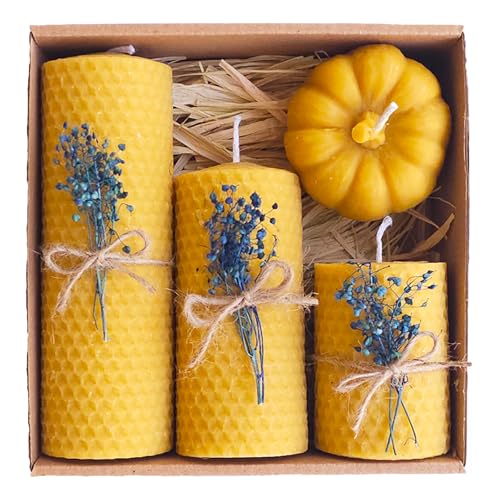 Beeswax Candle Gift Set – 4 Natural Candles with Blue Dried Flowers & Pumpkin Box – Handmade Decorative Candles for Holida...