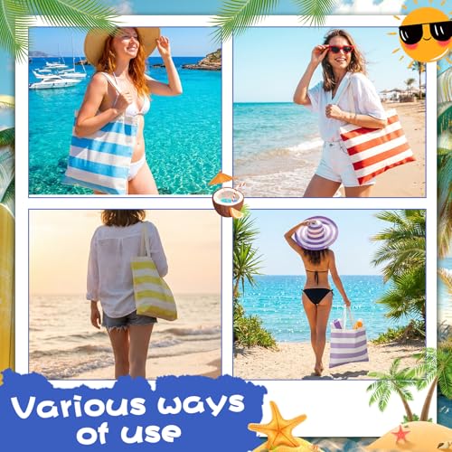 Aliceset 10 Pcs Large Beach Canvas Tote Bags Bulk for Women 18.5 x 15 Inch Waterproof Stripe Sandproof Tote Bags with Hand...
