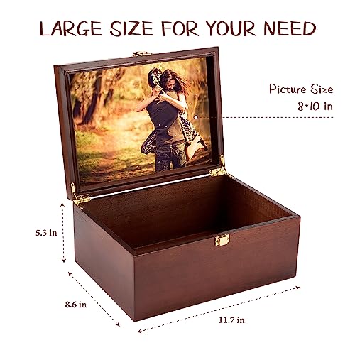 Larger Wooden Memory Keepsake Box with Hinged Lid & 8x10 Photo Frame Inside Lid – Decorative Storage Box With a Hinge Lids...