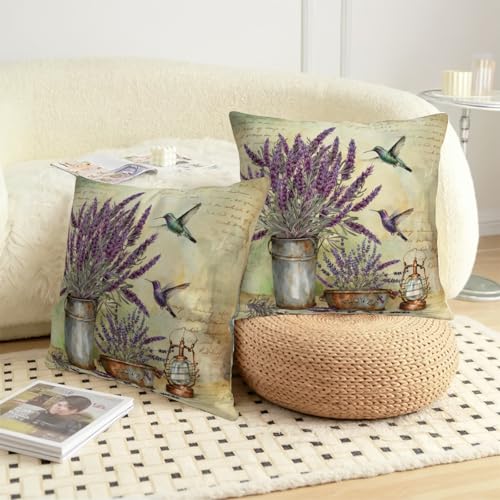 Kwlegh Lavender Pillow Covers Purple Flower Rustic Pillow Covers 18x18 Set of 2 Lavender Hummingbird Pillow Case Spring Vi...
