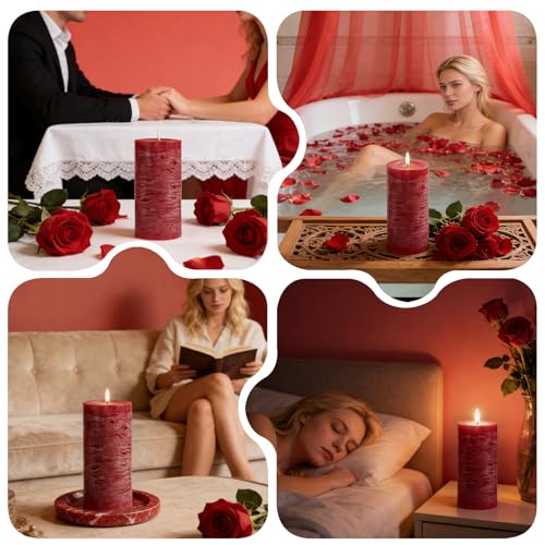 Romantic Rose Scented Pillar Candle - 2.8x6 Inch, 75-Hour Burn, Textured Red Rose Scented Candle for Women, Natural Aromat...
