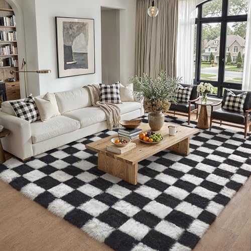 PureCozy Checkered Rug 8x10 for Living Room, Black and White Modern Shag Rugs Super Soft Washable Indoor Office Fuzzy Carp...