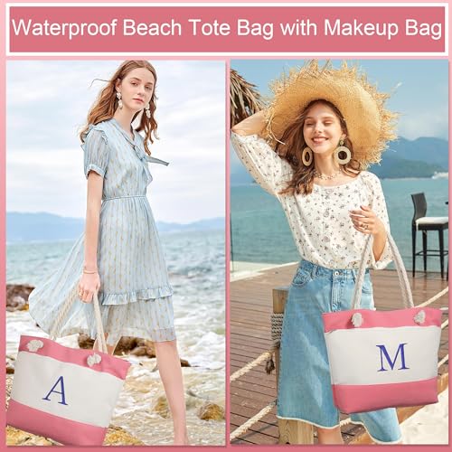 YOOLIFE Beach Bags for Women - Initial Canvas Waterproof Beach Tote Bag, Mothers Day Gifts for Women Mom Wife Friend