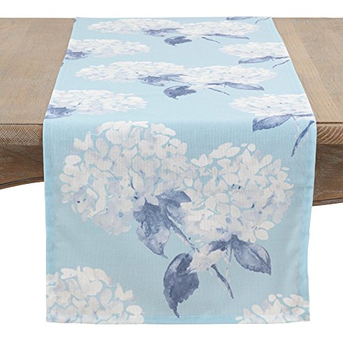 SARO LIFESTYLE Printed Hydrangea Table Runner, Aqua, 16" x 90"