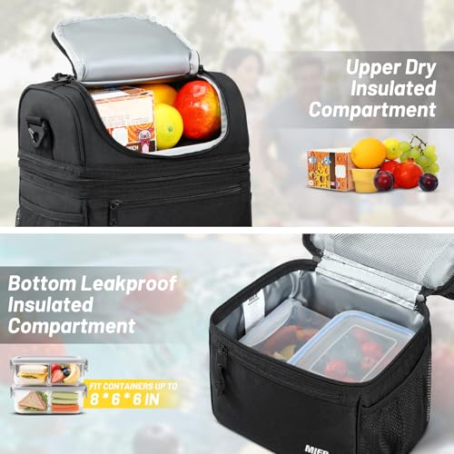 MIER Insulated Lunch Box Dual Compartment Lunch Bag Leakproof Cooler for Men Women Adult Work, Black, Medium (Upgraded Ext...