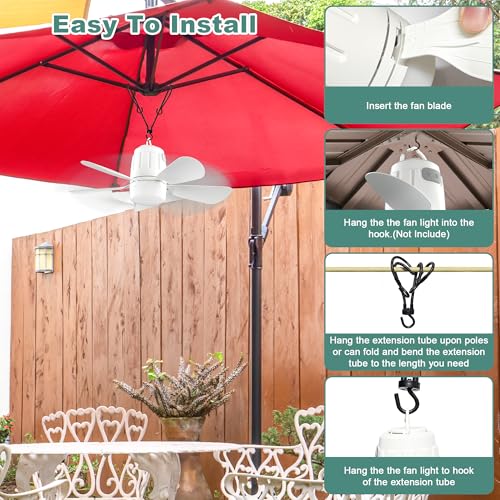 Canopy Fan 20'', 20000mAh Portable Outdoor Ceiling Fan with Light with Remote Control and Extension Hook, Easy Operation B...