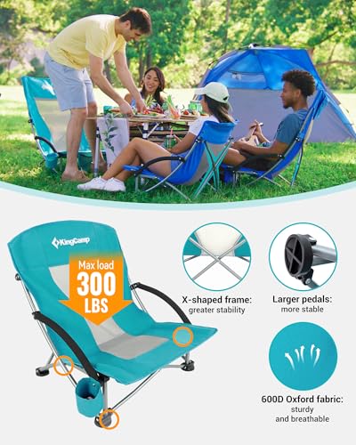 KingCamp Low Beach Chair, High Back Folding Camping Chair for Adults, Oversized Breathable Mesh Seat, 300lbs Heavy Duty Po...