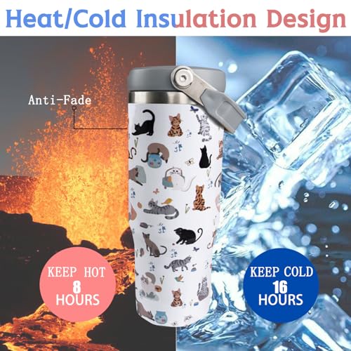 30oz Cat Tumbler with Handle and Straw, Reusable Stainless Steel Insulated Leak Proof Travel Coffee Mug, Cat Gifts for Women