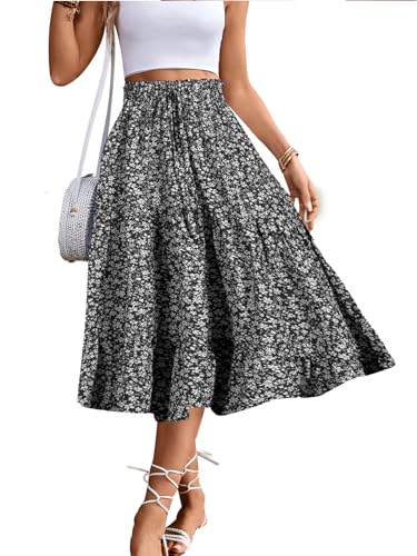 MSLG Women's High Elastic Waist Midi Skirt Casual Summer Trendy Tie Front Flowy Ruffle Floral Print A line Skirts 626