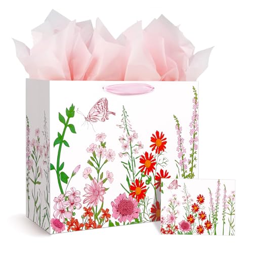 Konsait 13" Large Floral Gift Bags, Red and Pink Flower Gift Bags with Tissue Paper and Card for General Greeting, Bridal ...